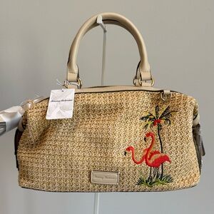 Tommy Bahama Woven Straw Satchel with Pink Flamingo Embroidery